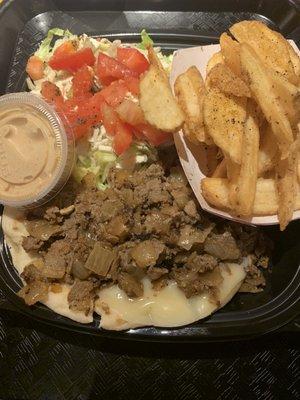 Steak Cheese Platter with Grilled Onions and fajita sauce