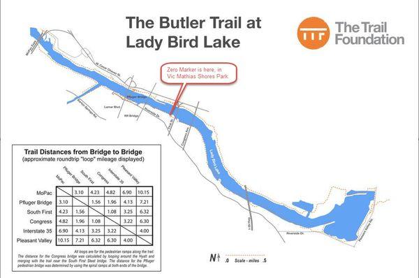 Trail map showing where to cross for the roughly 3, 4, 5, 7, and 10 mile loop options.