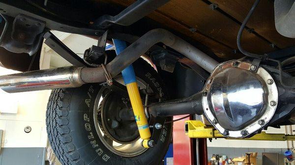 Installed lowering leaf springs and extended shock mounts on a client's 1973 Chevrolet stepside