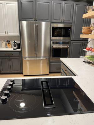 Cafe refrig and oven, JennAir cooktop and GE microwave