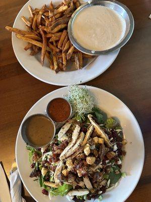 The Pedaler's Favorite salad and Fries with Beer Cheese