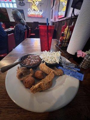 Fried catfish w/baked beans and fresh coleslaw