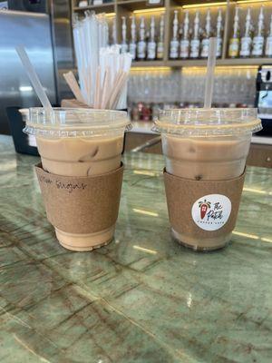 (Left) Ice caramel latte w/ oat milk & brown sugar 8.2/10, (Right) Iced Caramel Latte w/ oat milk 8.6/10