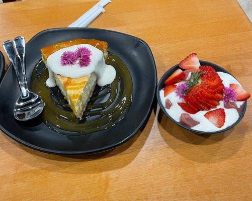 Corn cheesecake and strawberry dumplings for dessert.