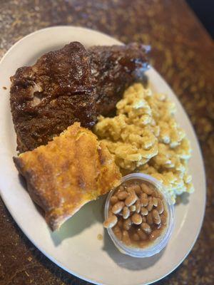 Bbq ribs, homemade Mac n cheese, homemade corn bread and baked beans