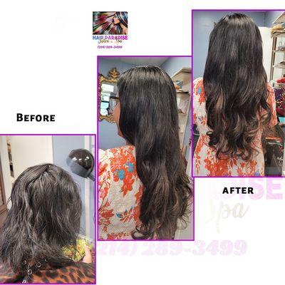 The client had a short thining Hair. She got Braidless Sew-in-Weave crafted from 100% custom-made human hair extensions.