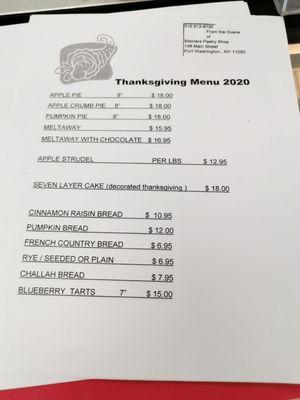 Thanksgiving 2020 menu