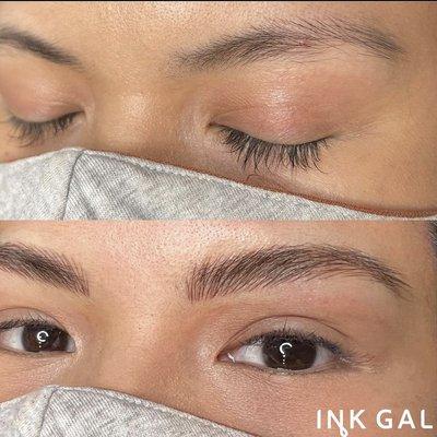 Thicker looking brows from microblading done by Hannah