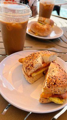 everything bagel with ham egg and cheddar