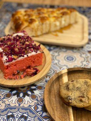 Rose milk cake and chocolate chip cookies