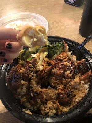 spicy chicken bowl & a Crab Rangoon