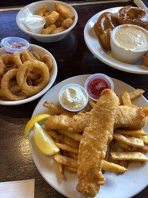 Onion rings, twisted sisters (pretzels), mac & cheese bites, and fish & chips