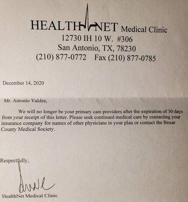 Notice of for me to look for a new medical provider