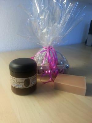 Sugar scrub,  hand made soaps and gift basket.