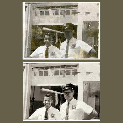 Before and after restoration photo of Johnny and Art Johnson in front of their gas station, circa 1955.