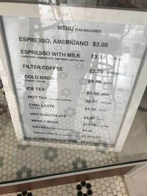 Coffee menu