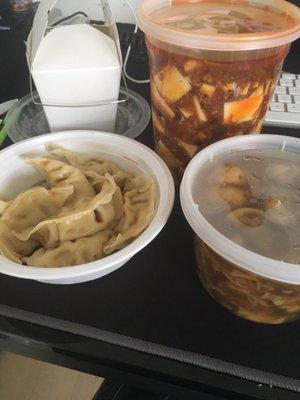 Delivery, steamed dumplings, hot and sour soup, mapo tofu with pork