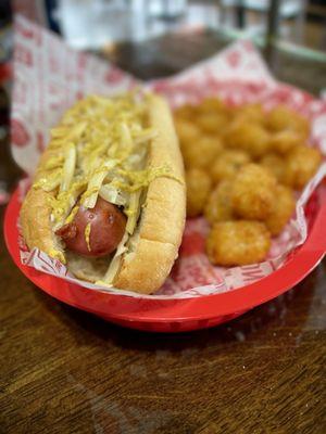 Polish sausage and tater tots. Excellent, nice char on the sausage and the roll was first-class. Hot, crunchy tots too