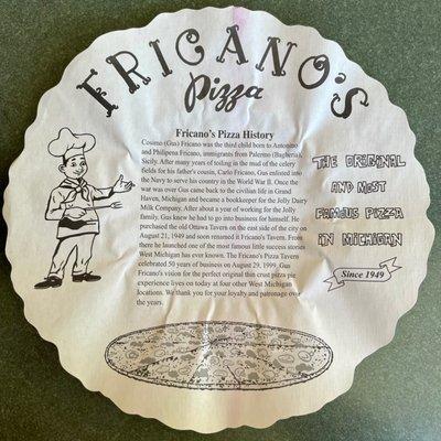 Placemat with history of Fricano's Pizza