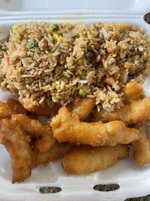 Sweet and sour chicken and chicken fried rice