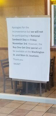 This subway loves customers. They are even telling you to go to another subway in town lol.