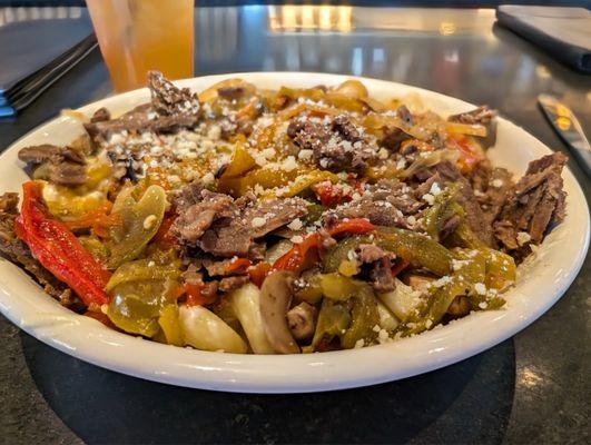 Philly Cheesesteak Mac - Philly beef, mushrooms, roasted pepper medley, roasted yellow onions