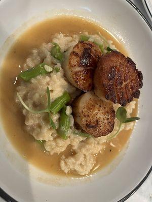 Scallops over risotto with asparagus and a lemon butter sauce.