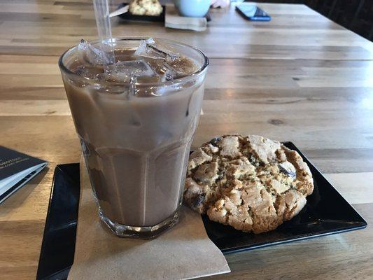 Peppermint mocha cold brew and a peanut butter chocolate chunk cookie