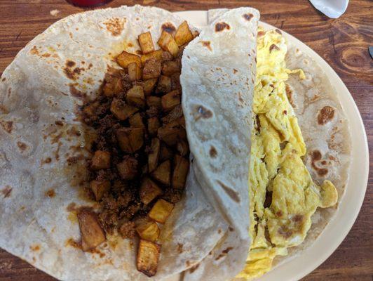 Breakfast tacos : chorizo and potato and bacon and egg tacos