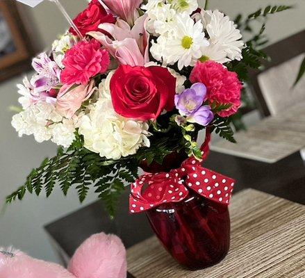 My niece sent a photo of the beautiful flowers and cute stuffed animal that I ordered for her from Tux & Tulips!