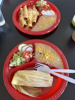 Taquitos with a side of beans, and a tamale with a side of beans.