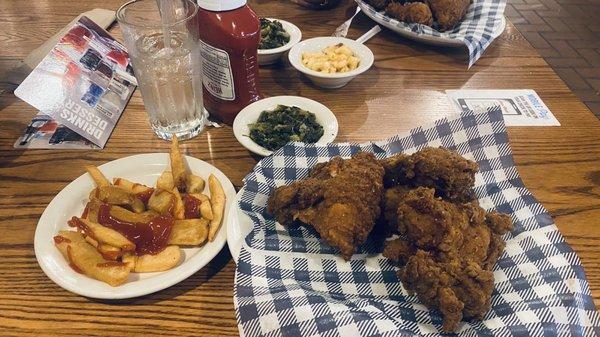 Fried Chicken , French Fries ,Turnip  greens And Spite pop