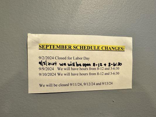 September 2024 schedule changes