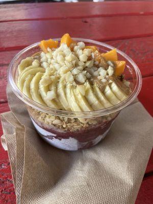 Small Hilo Bowl- açaí bowl with granola, bananas, papaya, macadamia nuts, and peanut butter (they also have a large)