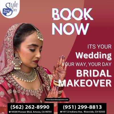 Create your perfect wedding look with our exclusive Bridal Makeover services at #StyleInBeautySalonInc. Book now