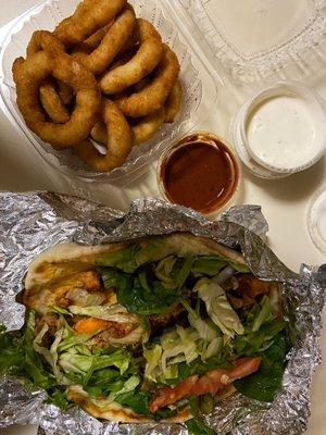 Onion rings, chicken + lamb gyro