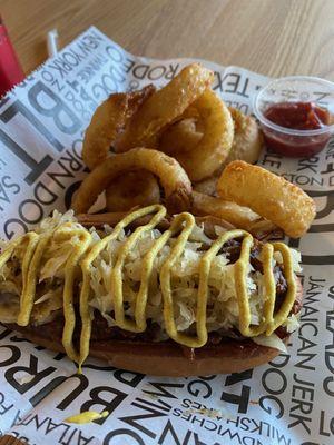 New York dog with Chili and a side of onion rings!