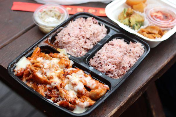 24. Spicy Chicken and Cheese - takeout, comes with banchan. Big portion.