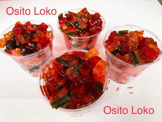 Ositos Lokos! Candy bathed in chamoy sauce and tajin chilly powder. We add fresh cut watermelon for intensifying flavor!