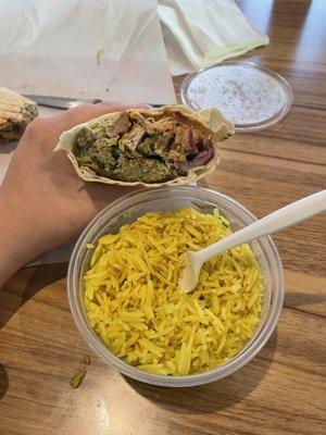 Falafel Wrap + Chicken Shawarma with a side of rice