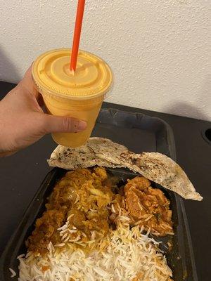 Chicken curry and mango drink