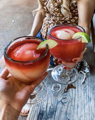 Hibiscus Frozen Swirl Margarita (left), Prickly Pear Frozen Swirl Margarita (right)