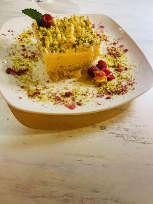 Efkin dessert . Lemon custard,  filo , ground pistachio