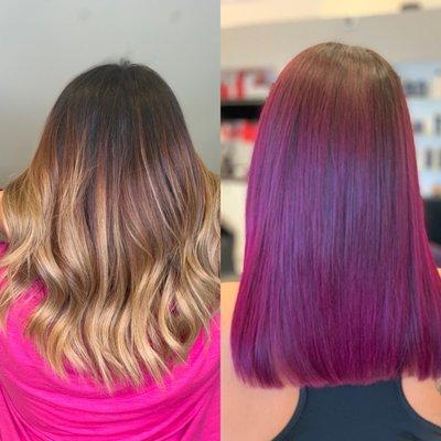 Balayage change from purple to blond