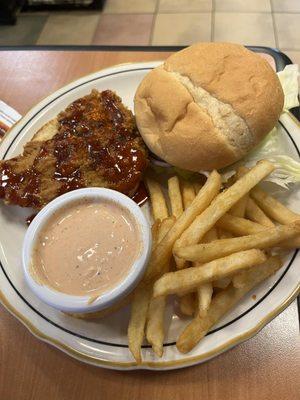 Nashville Hot Chicken Sandwich with fries and DippInn sauce