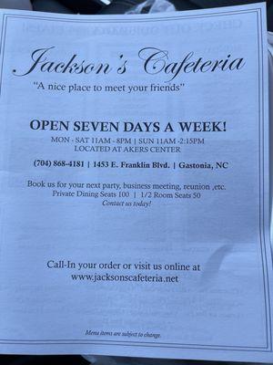 Jacksons Cafeteria food and menu