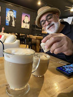 Chai Latte & Cortado... Eric adding a little sugar