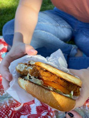 Crispy chicken sando SO GOOD. Tastes even better on a picnic blanket in the park!