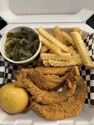 Fried catfish, seasoned fries, collard greens and corn bread.