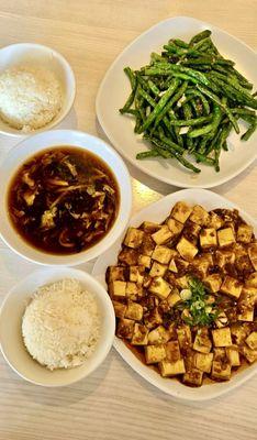 Hot & Sour Soup, string beans, veggy mapo tofu